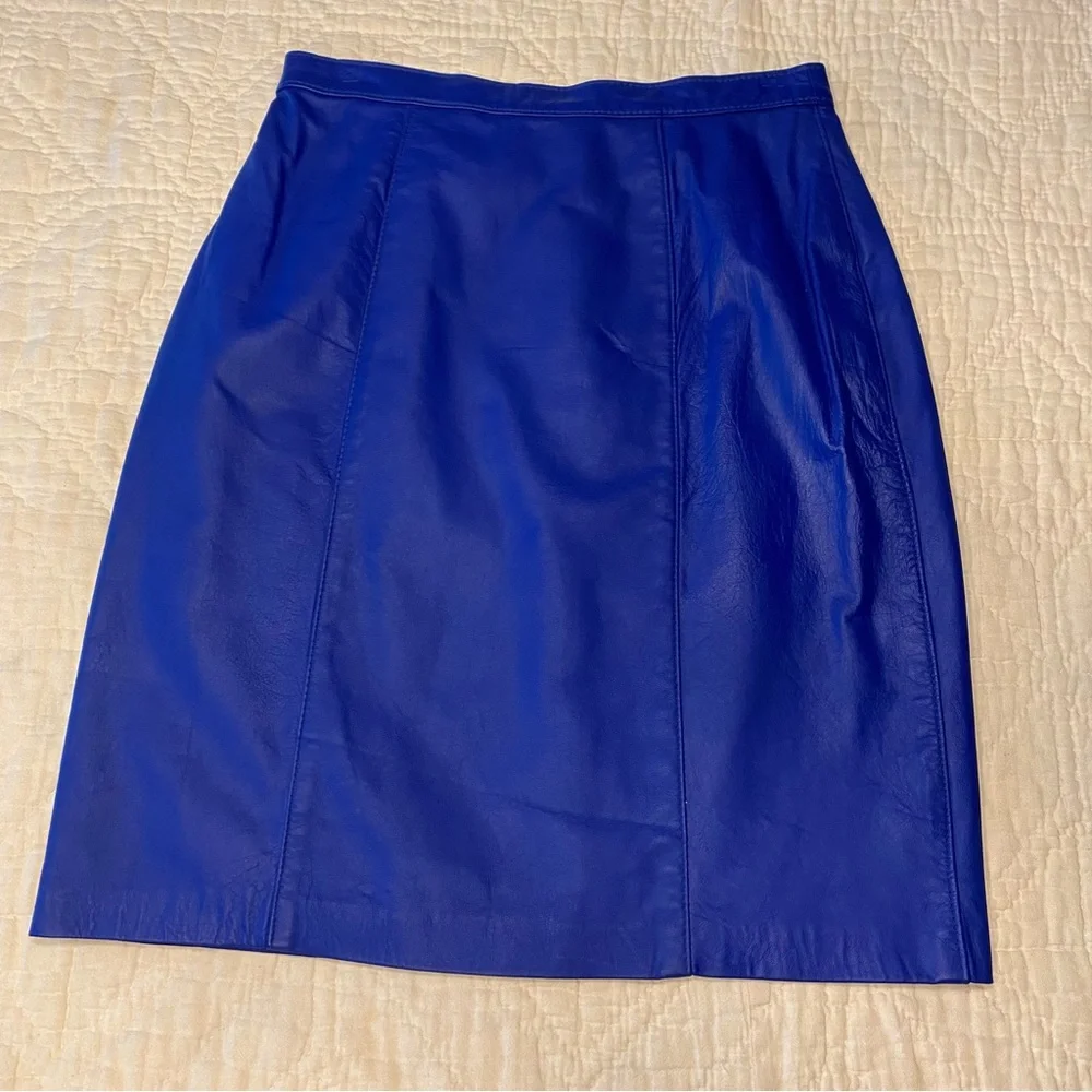 Vintage 90s Y2k COMINT Royal Blue Leather Mini Skirt S 27” - Picture 1 of 10